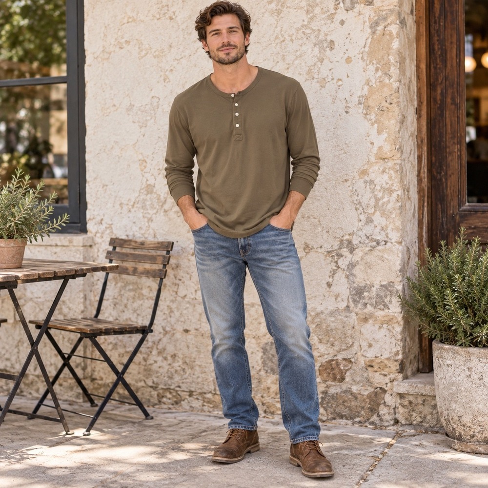 Buck Mason Men's L Olive Green Cotton Henley Long Sleeve Heritage Casual